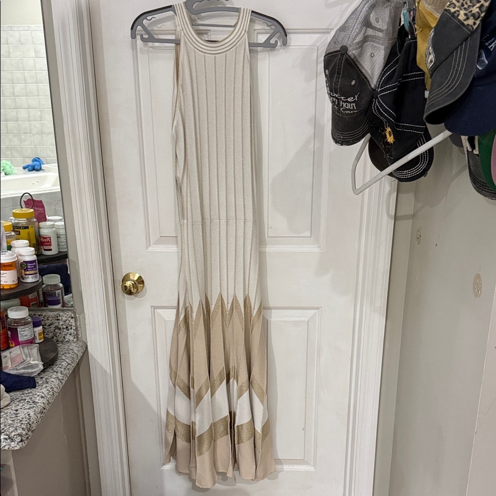 Anthropologie Sleeveless Cream Maxi with Beige & White Chevron Panels
